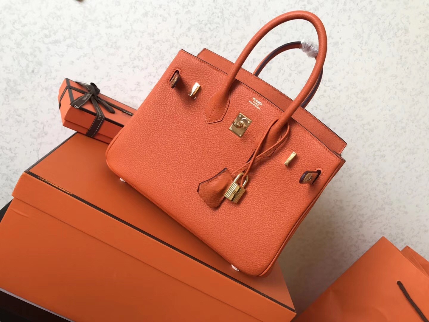 Hermes Orange Birkin 25cm Clemence Handmade Bag