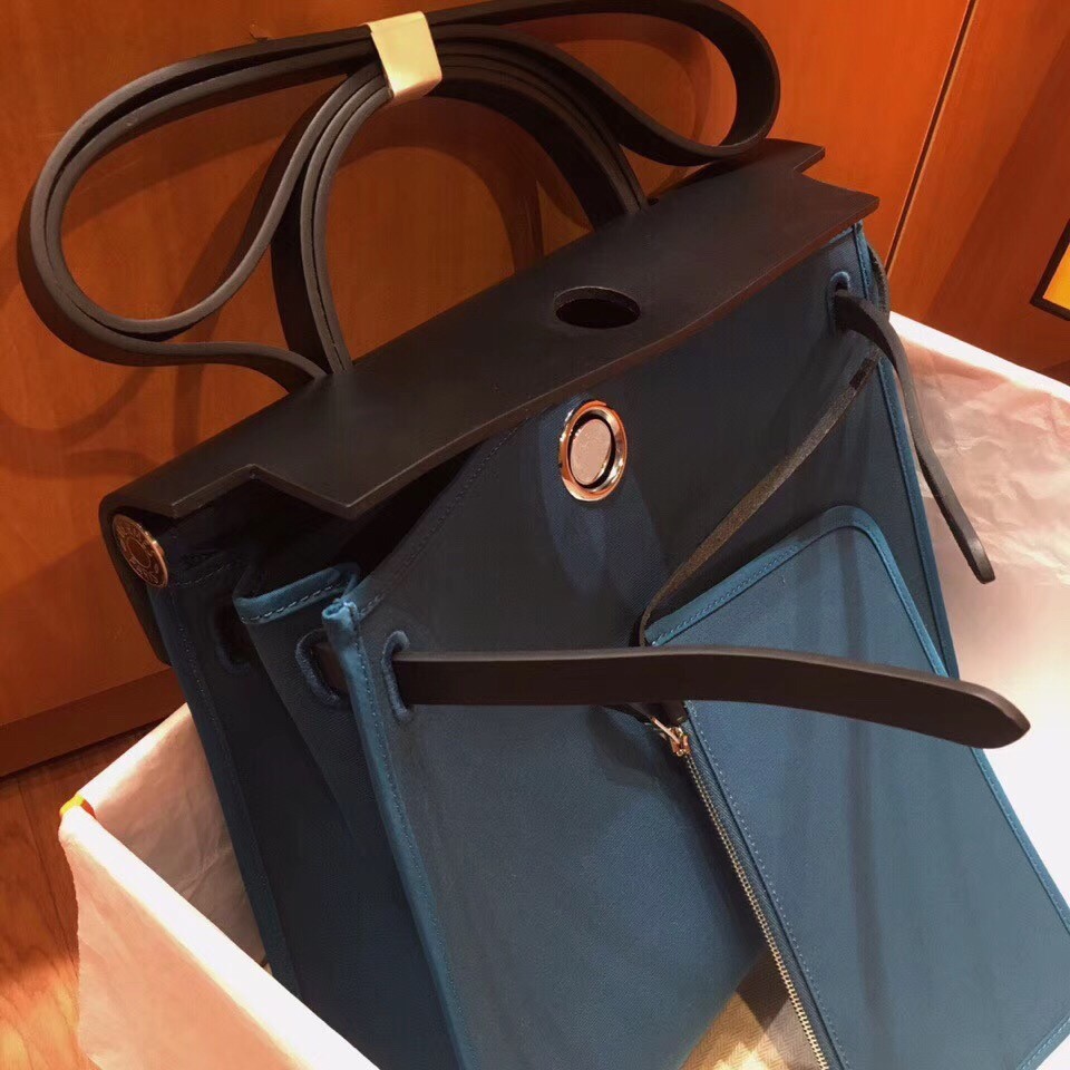 Hermes Herbag Zip 31cm Bag In Black And Blue