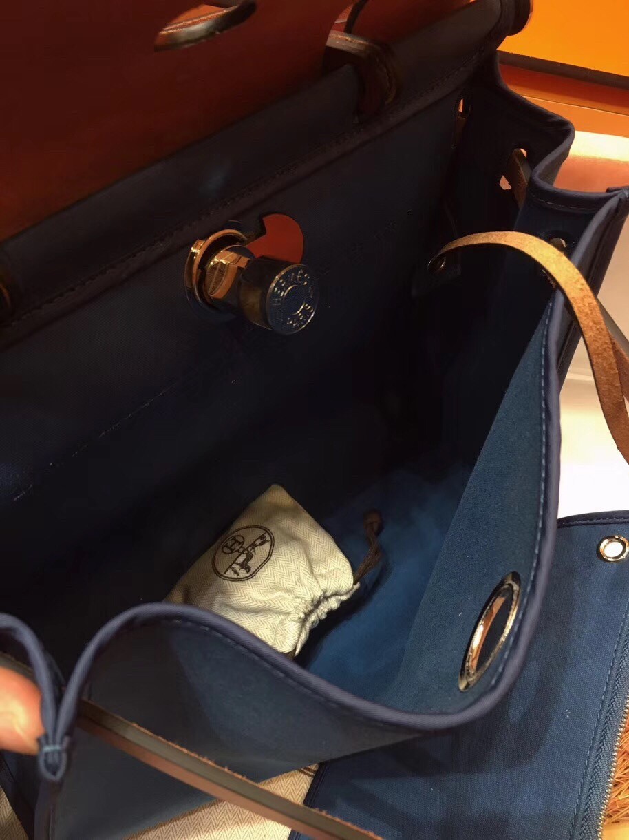 Hermes Herbag Zip 31cm Bag In Camel And Blue