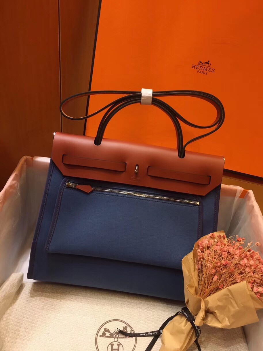 Hermes Herbag Zip 31cm Bag In Camel And Blue