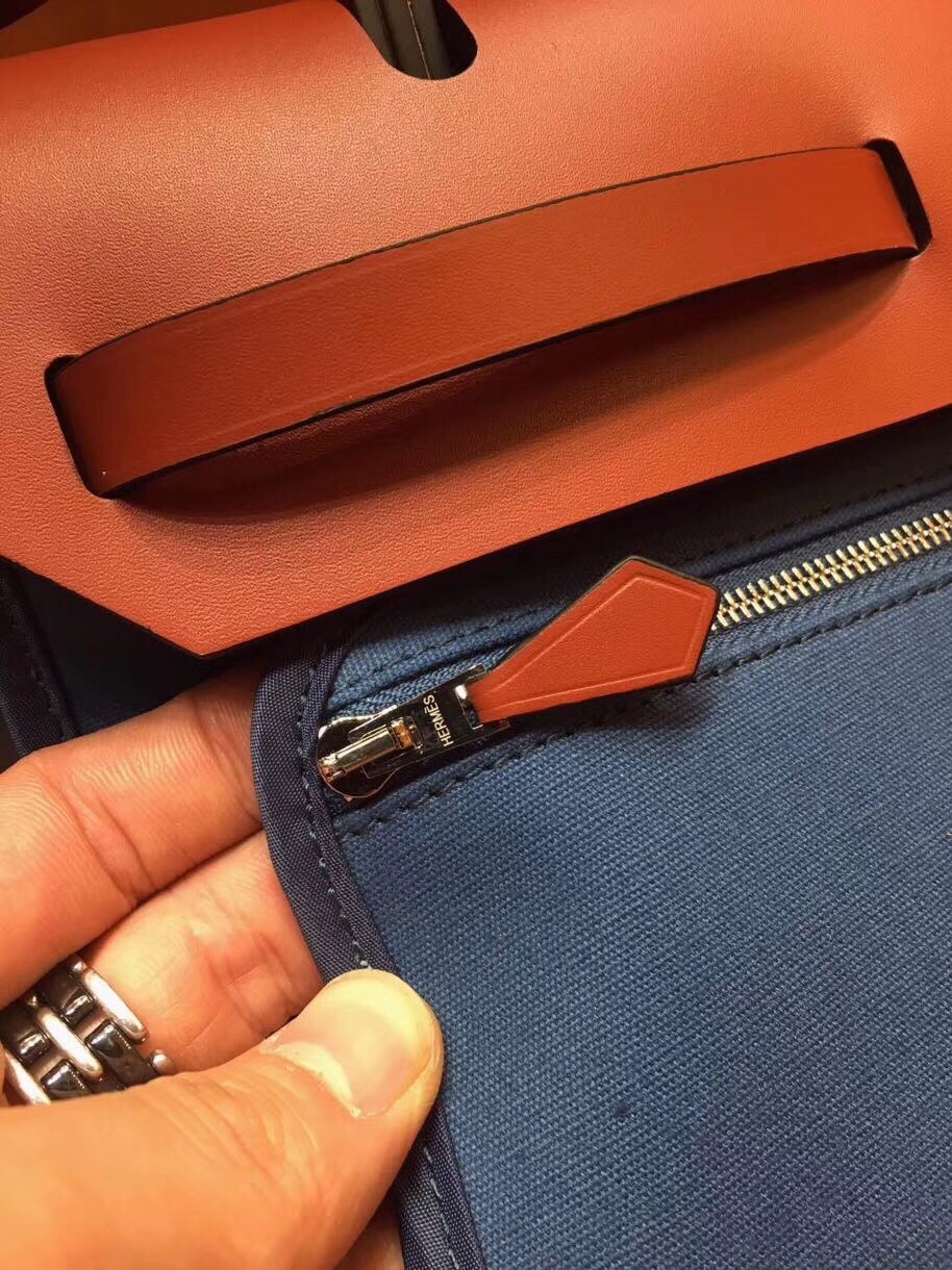 Hermes Herbag Zip 31cm Bag In Camel And Blue