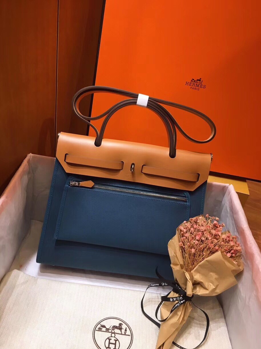 Hermes Herbag Zip 31cm Bag In Brown And Blue