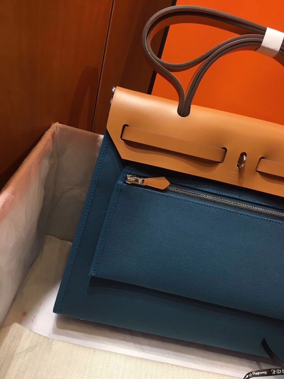 Hermes Herbag Zip 31cm Bag In Brown And Blue