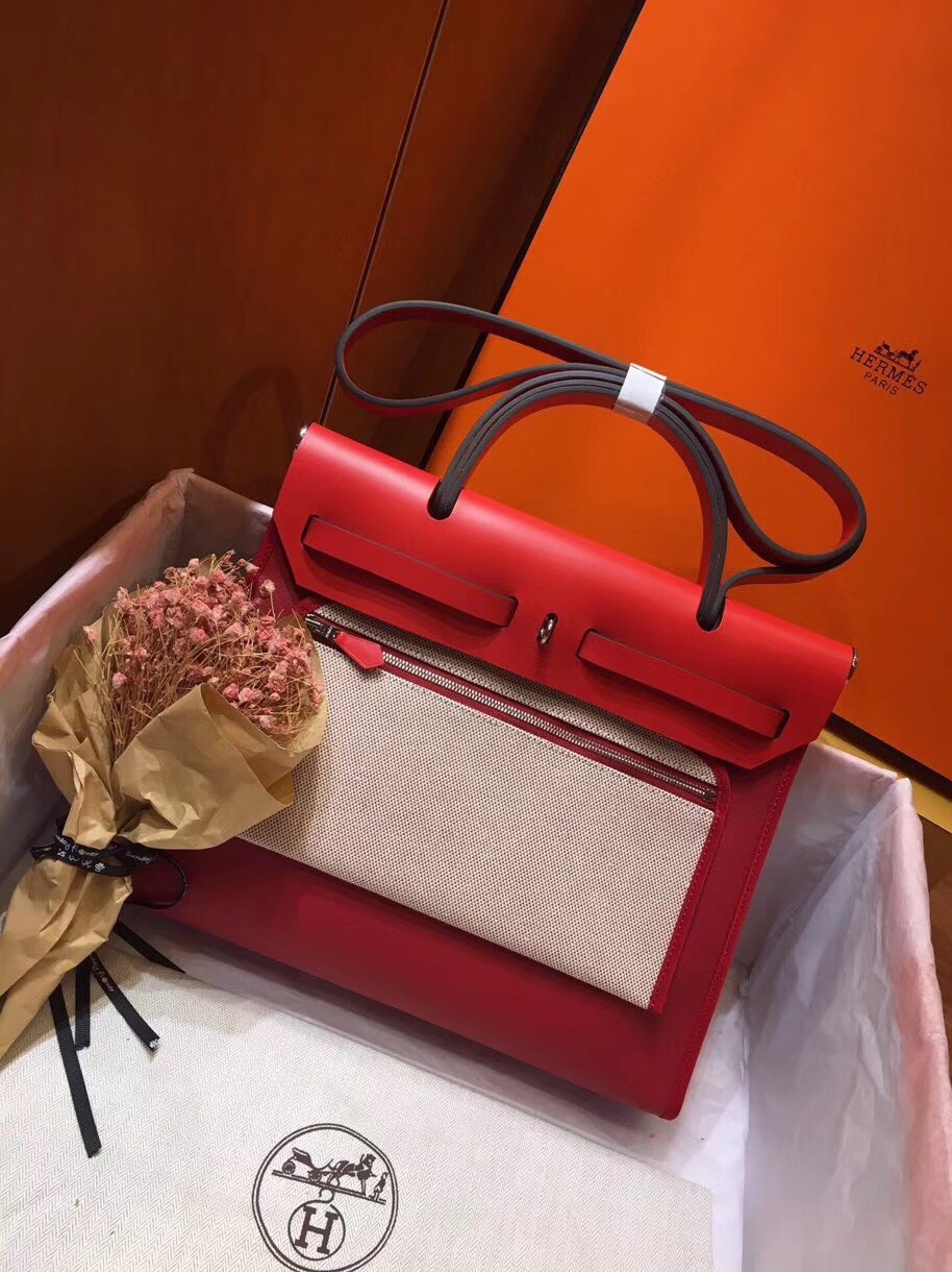 Hermes Herbag Zip 31cm Bag In Red Toile And Leather