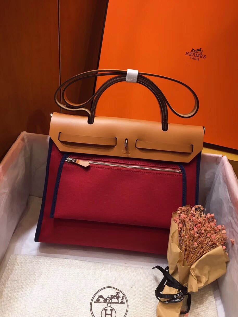 Hermes Herbag Zip 31cm Bag In Brown And Red