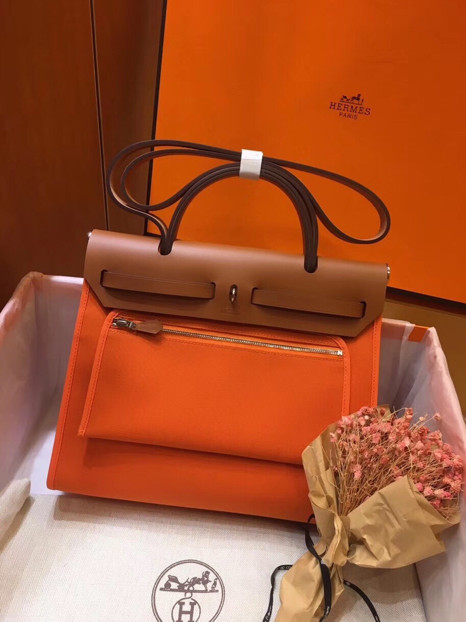 Hermes Herbag Zip 31cm Bag In Brown And Orange