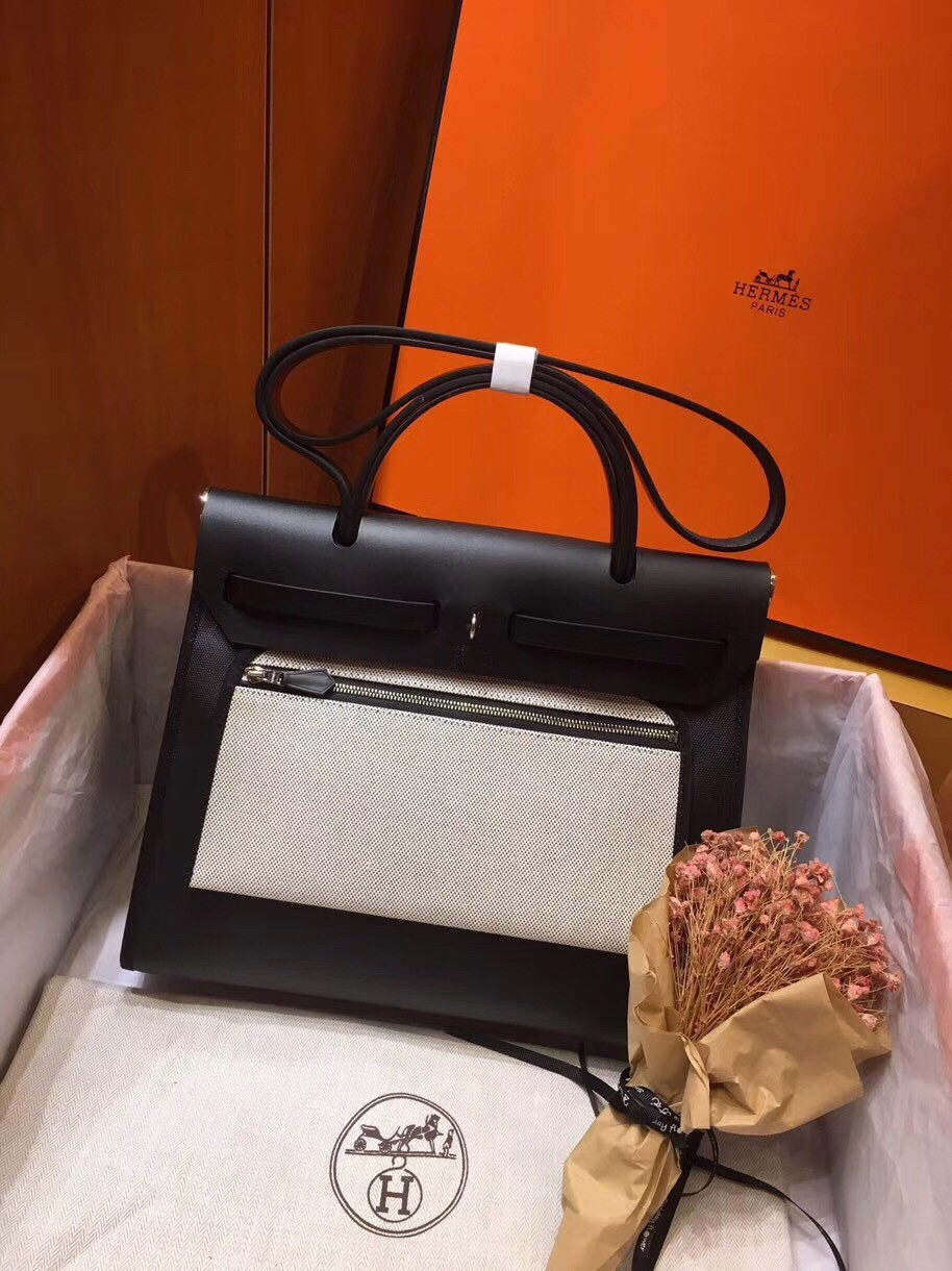 Hermes Herbag Zip 31cm Bag In Black Leather And Toile