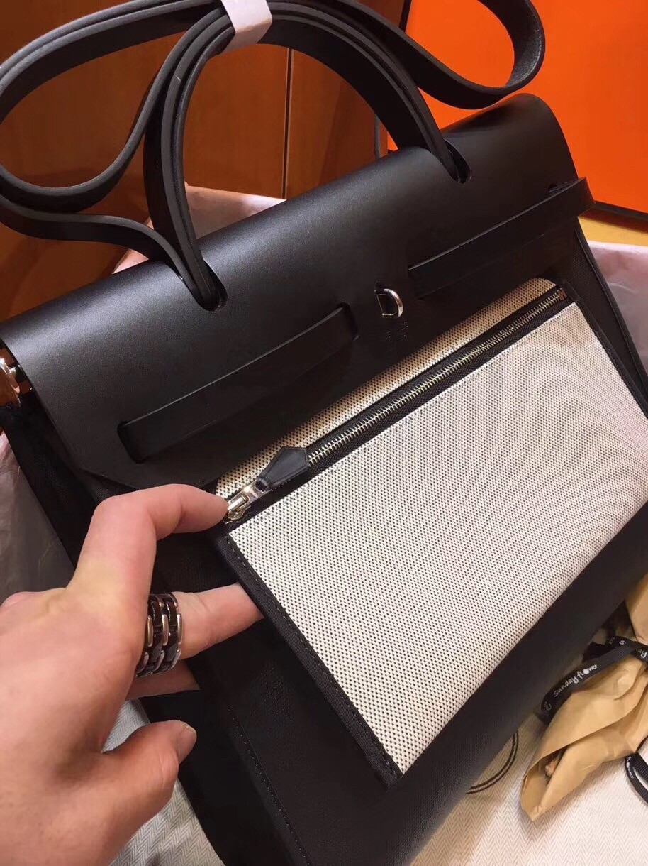 Hermes Herbag Zip 31cm Bag In Black Leather And Toile