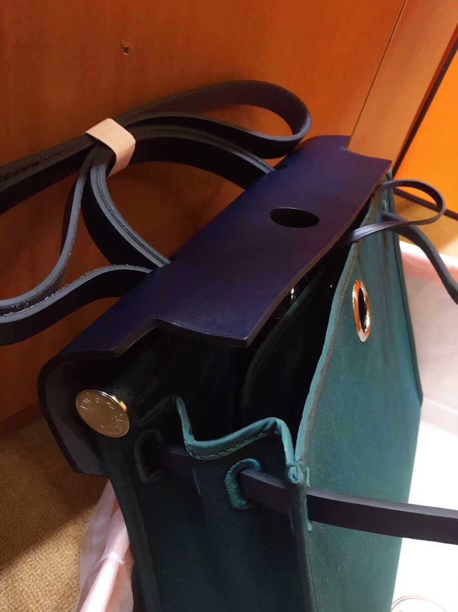 Hermes Herbag Zip 31cm Bag In Navy And Green