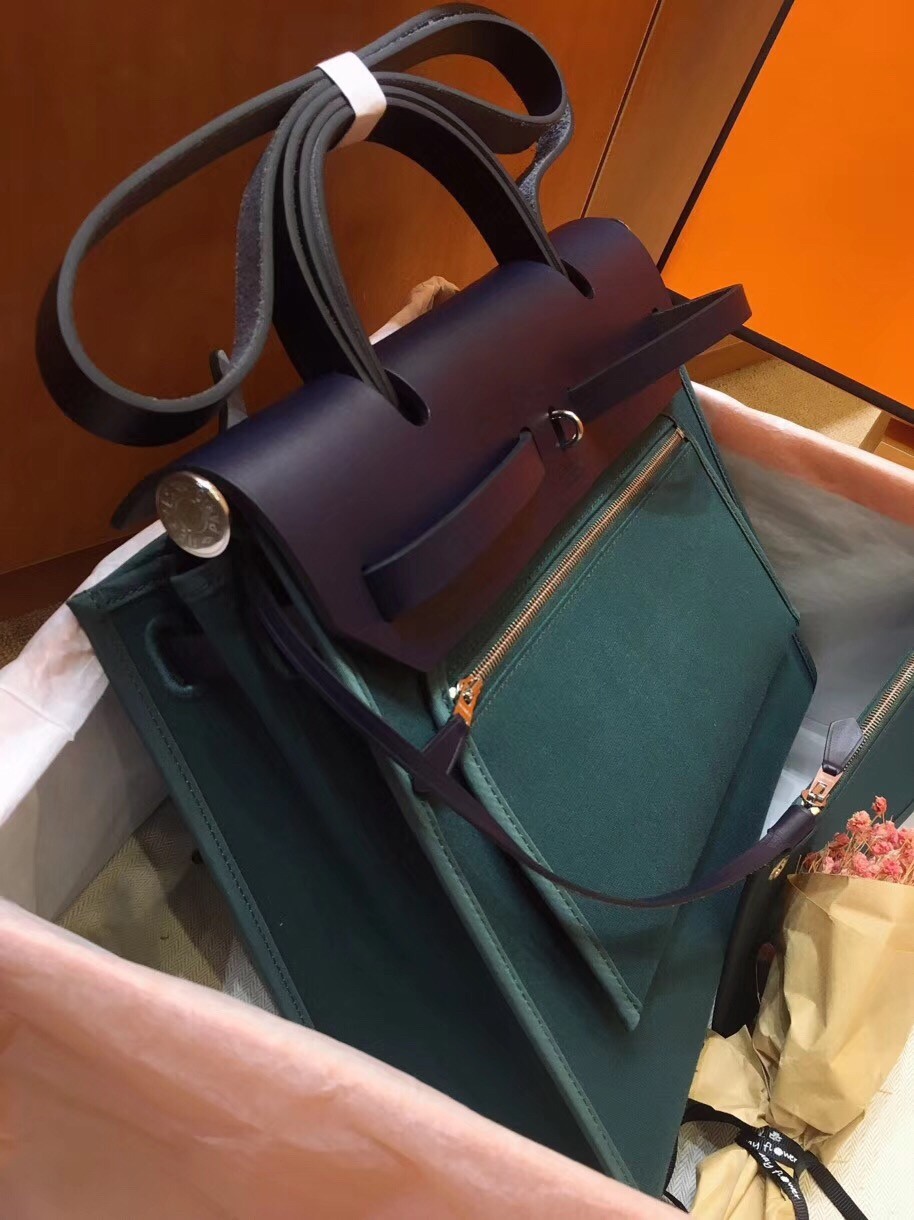 Hermes Herbag Zip 31cm Bag In Navy And Green