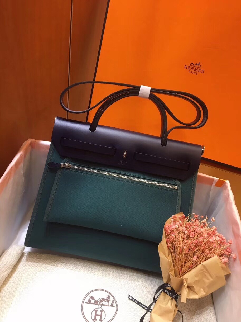 Hermes Herbag Zip 31cm Bag In Navy And Green