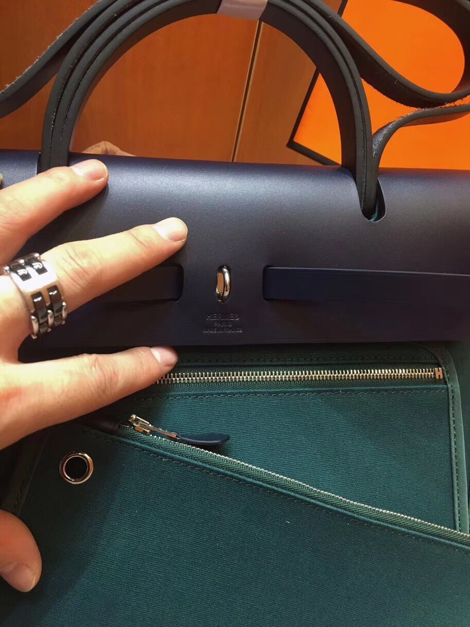 Hermes Herbag Zip 31cm Bag In Navy And Green