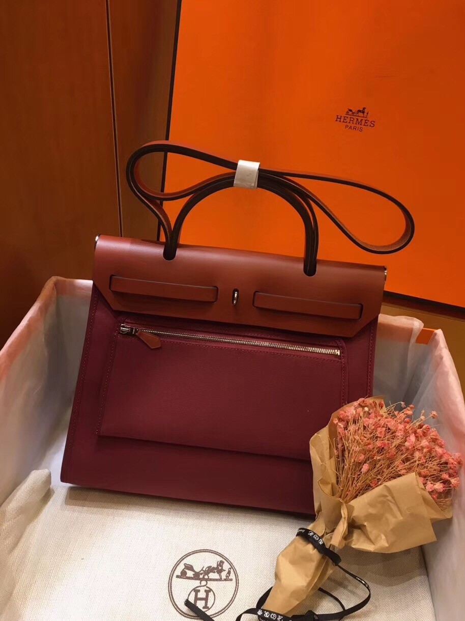 Hermes Herbag Zip 31cm Bag In Camel And Bordeaux