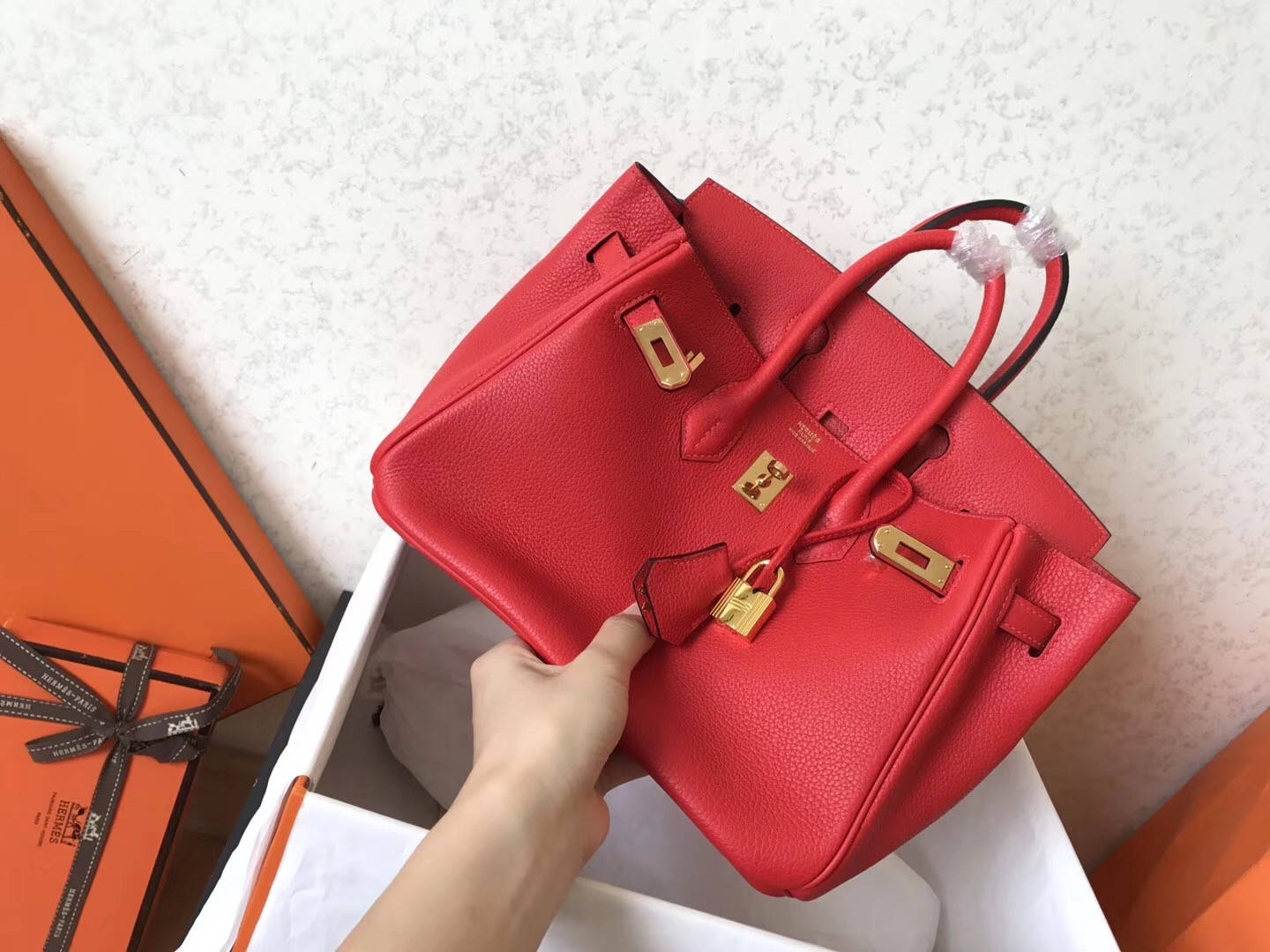 Hermes Red Birkin 25cm Clemence Handmade Bag