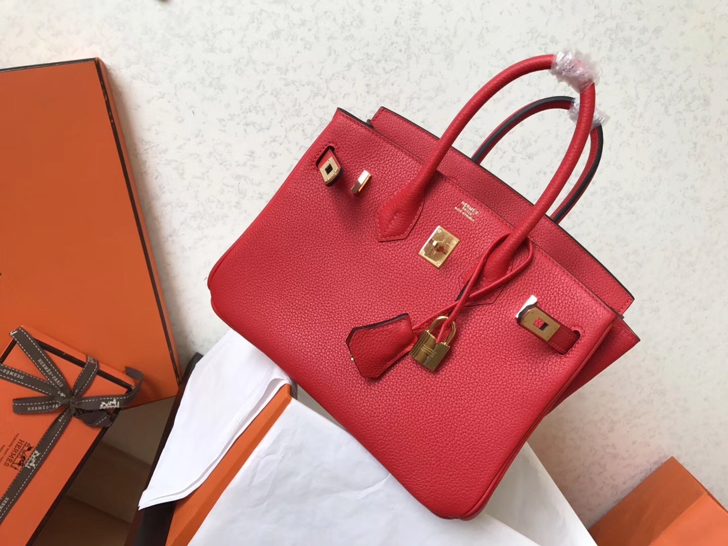 Hermes Red Birkin 25cm Clemence Handmade Bag