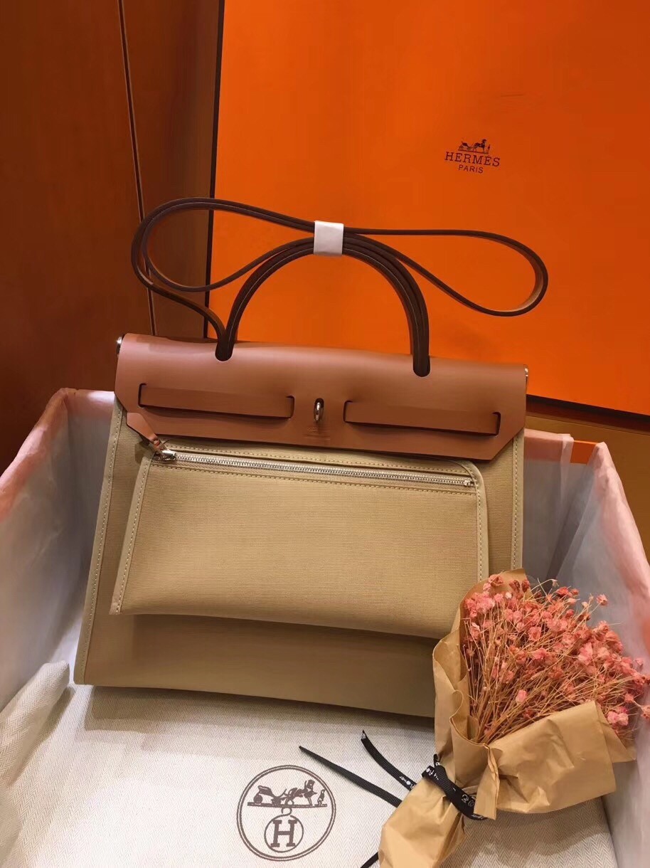 Hermes Herbag Zip 31cm Bag In Brown And Beige