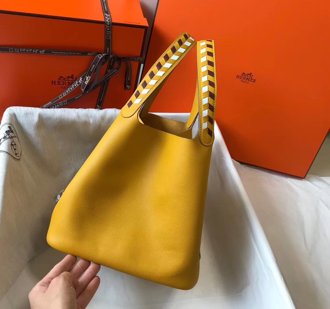 Hermes Yellow Picotin Lock 22 Bag With Braided Handles