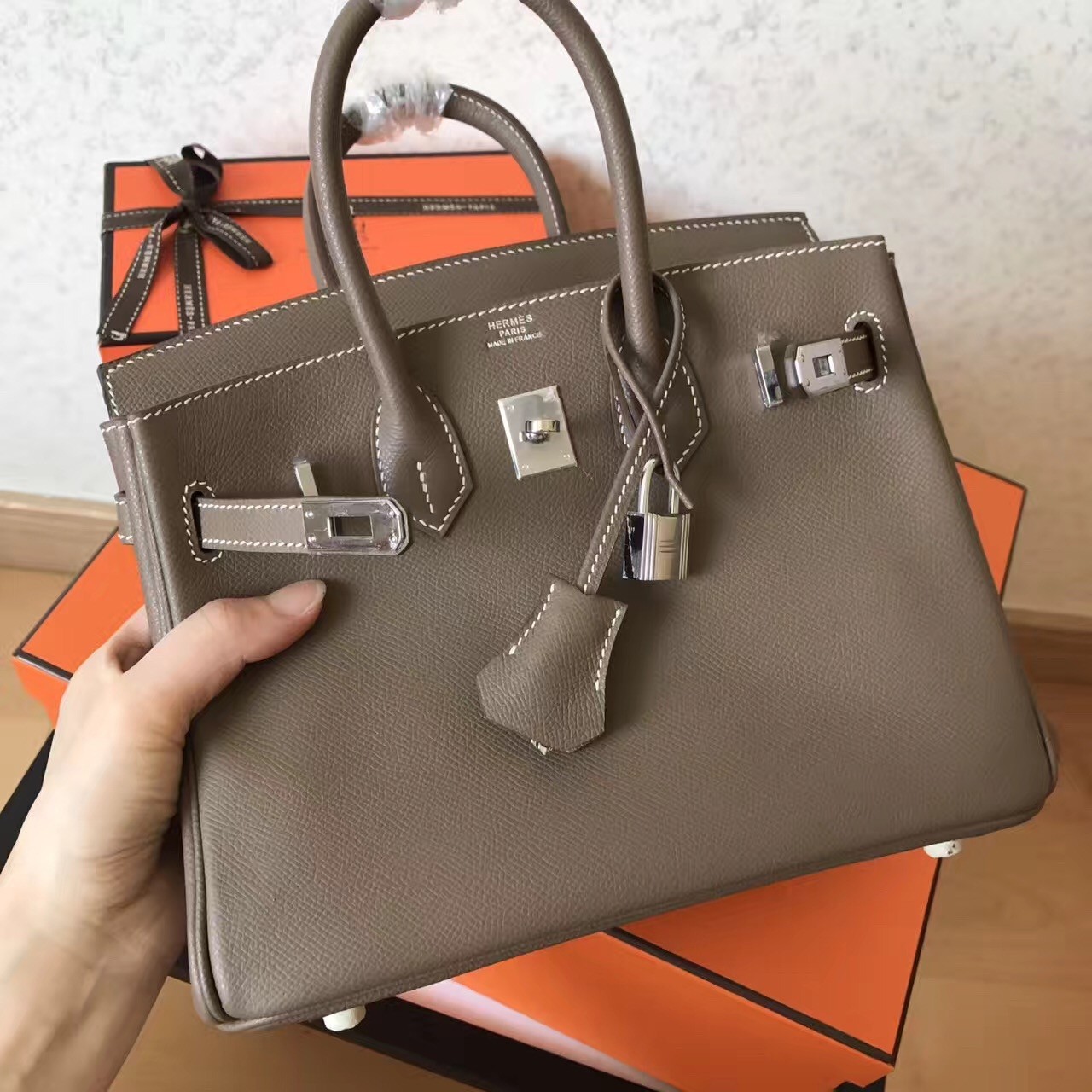 Hermes Taupe Birkin 25cm Epsom Handmade Bag