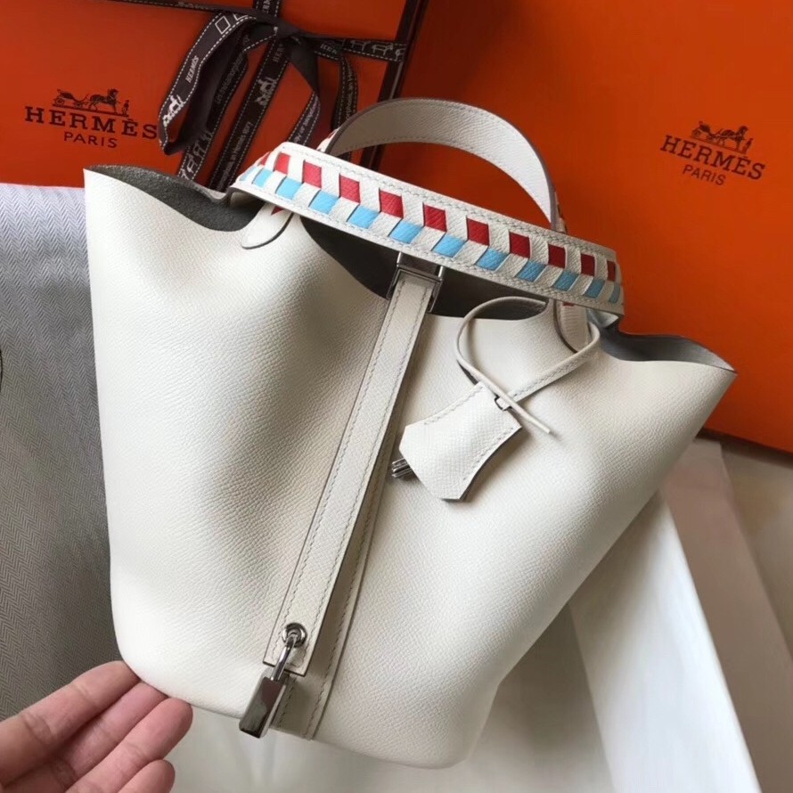 Hermes White Picotin Lock 18 Bag With Braided Handles