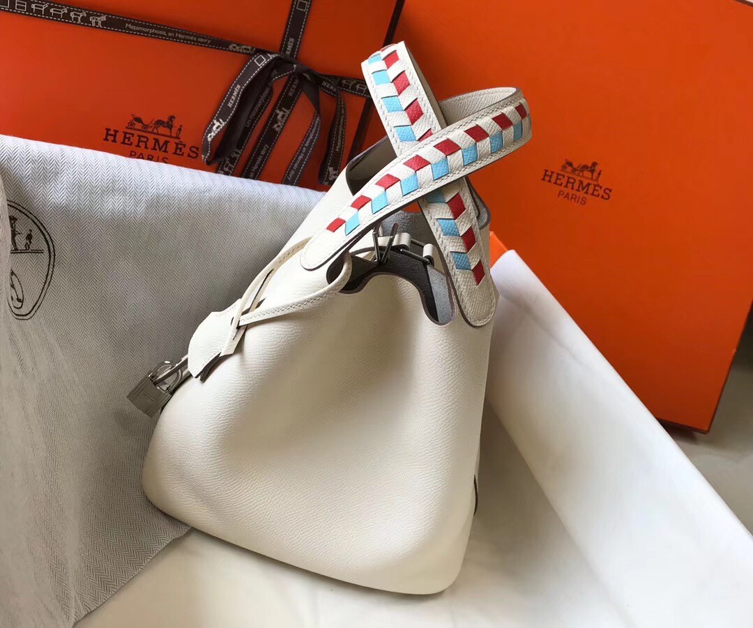 Hermes White Picotin Lock 18 Bag With Braided Handles