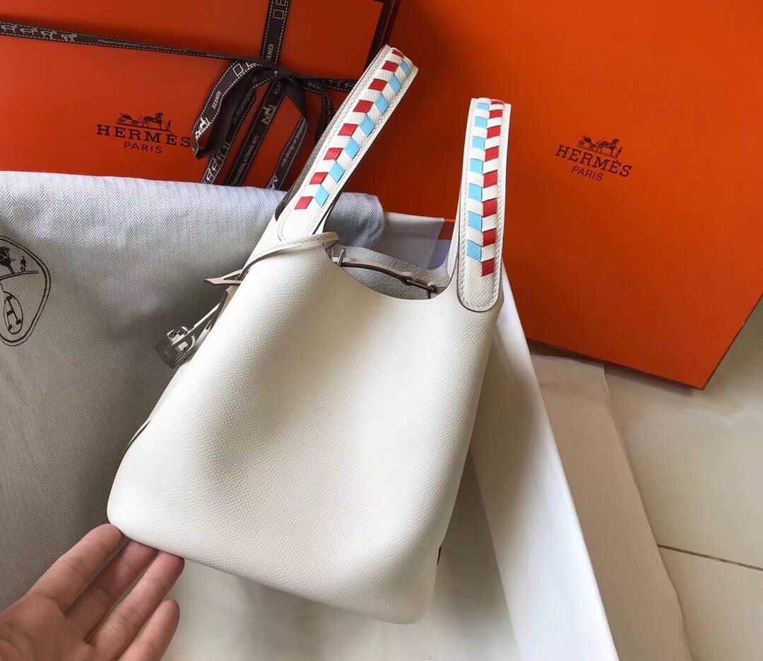 Hermes White Picotin Lock 18 Bag With Braided Handles