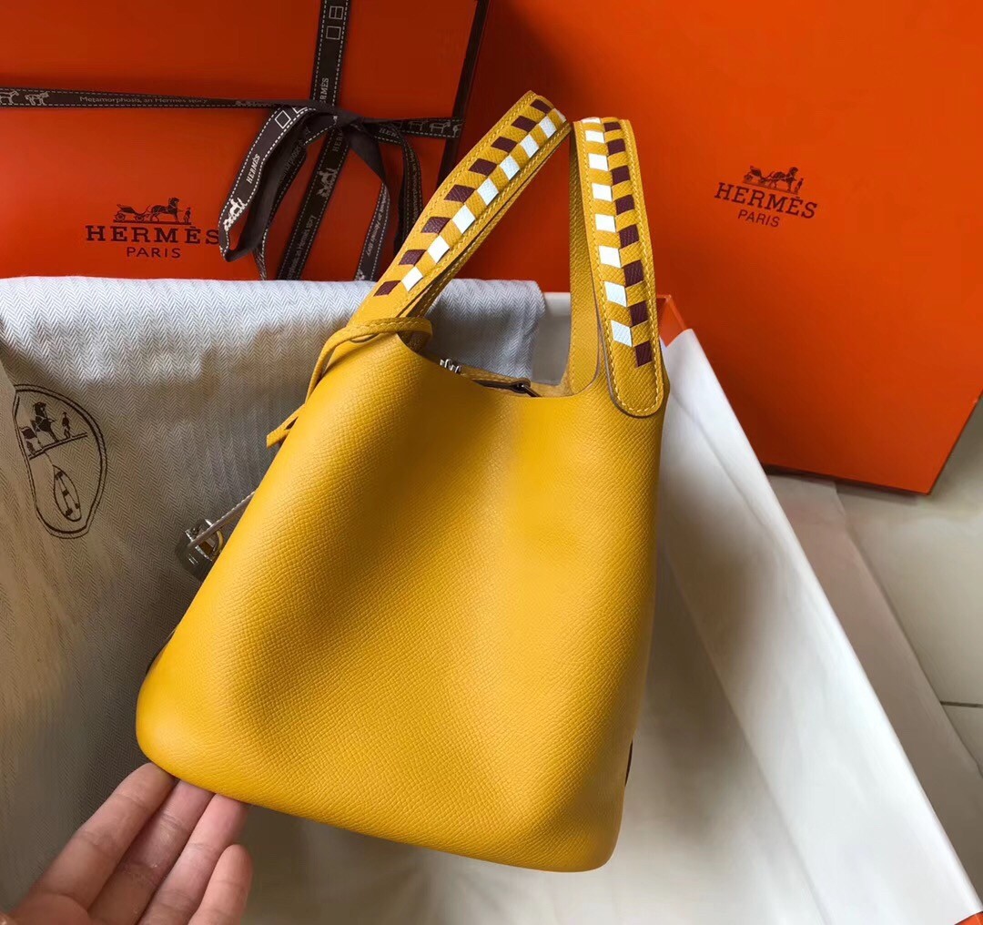 Hermes Yellow Picotin Lock 18 Bag With Braided Handles