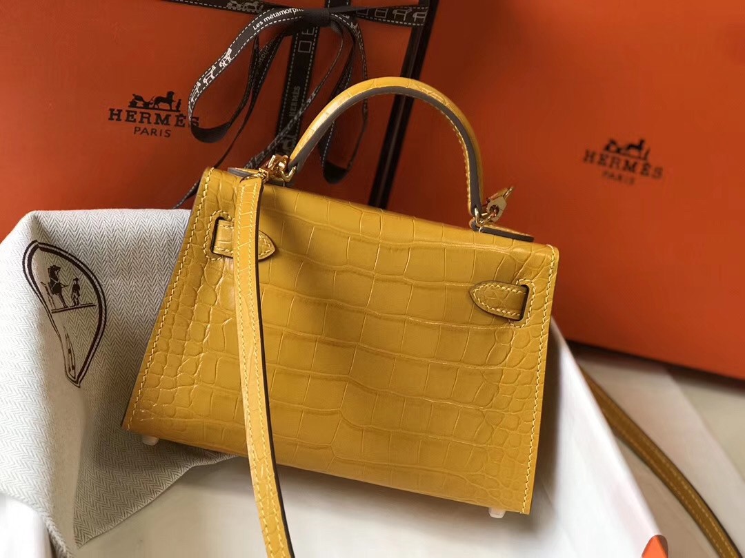 Hermes Kelly Mini II Bag In Yellow Crocodile Embossed Leather