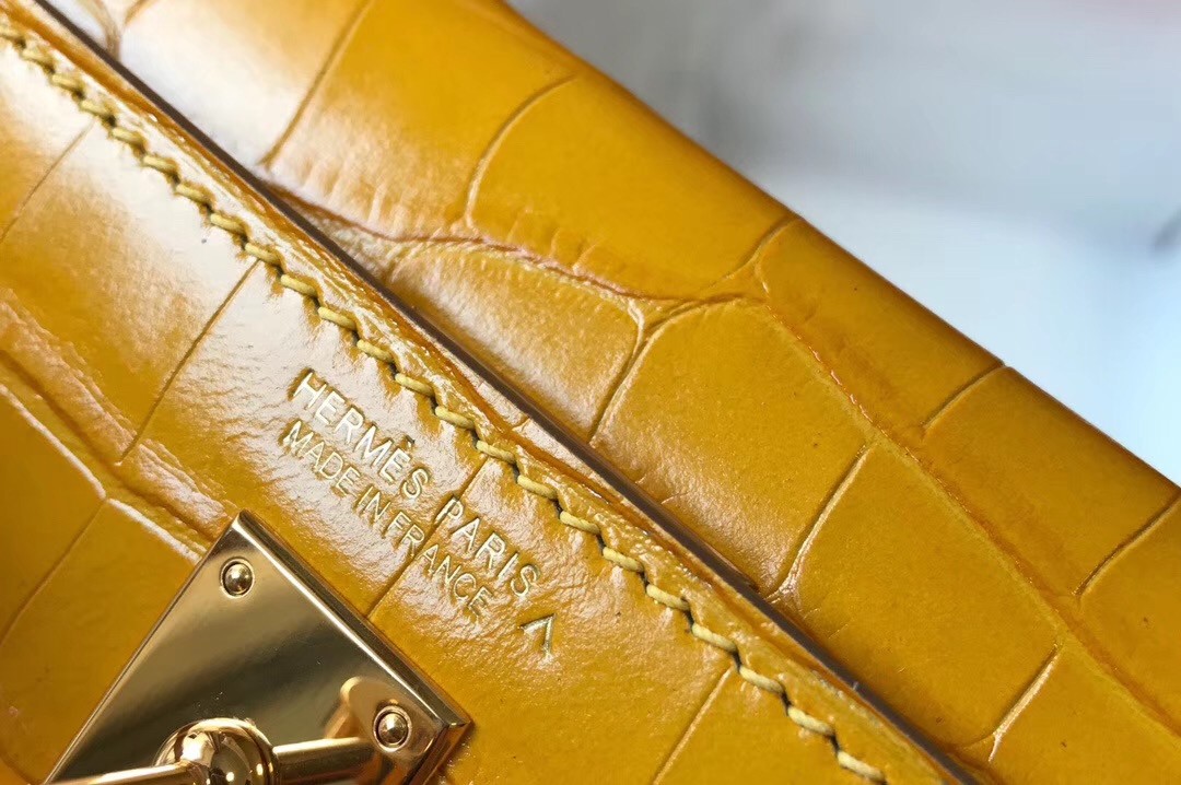 Hermes Kelly Mini II Bag In Yellow Crocodile Embossed Leather