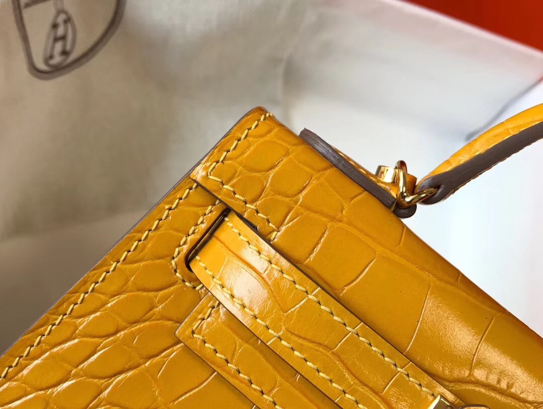 Hermes Kelly Mini II Bag In Yellow Crocodile Embossed Leather