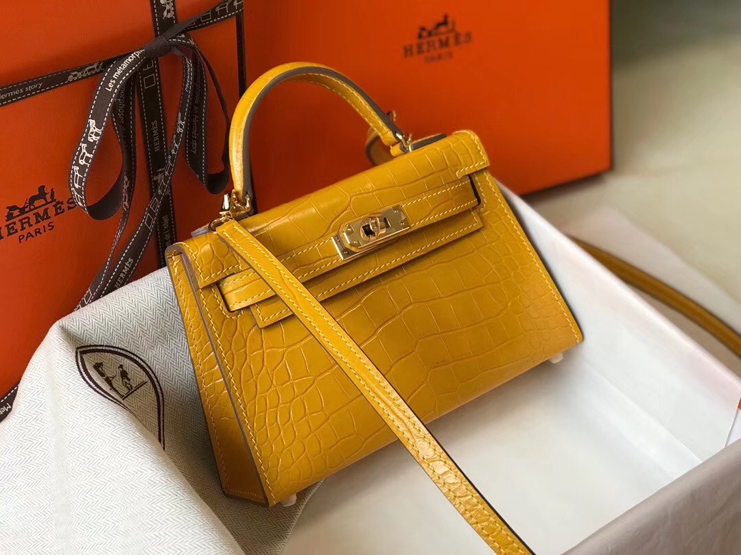 Hermes Kelly Mini II Bag In Yellow Crocodile Embossed Leather