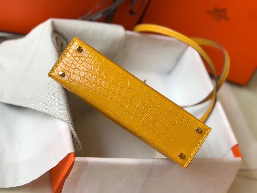 Hermes Kelly Mini II Bag In Yellow Crocodile Embossed Leather