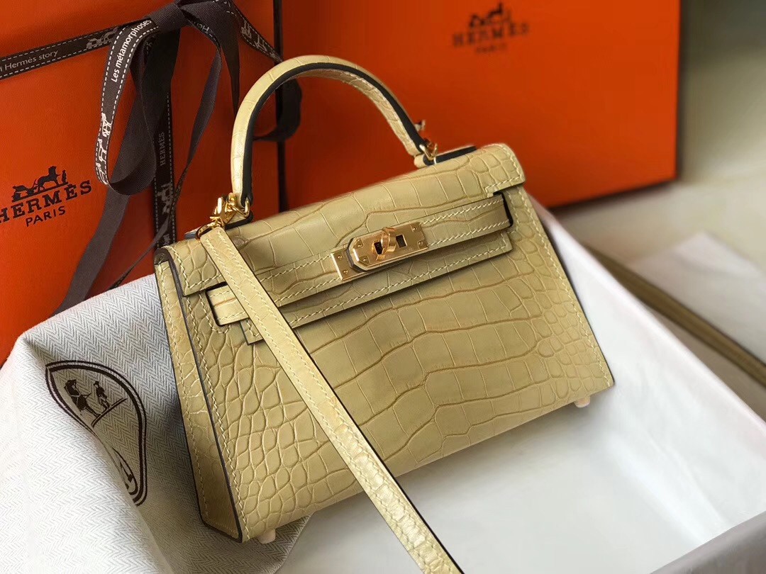 Hermes Kelly Mini II Bag In Vanille Crocodile Embossed Leather