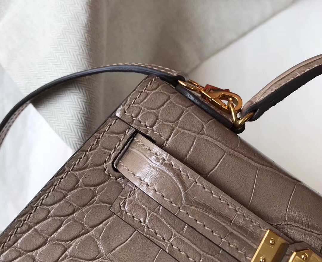 Hermes Kelly Mini II Bag In Grey Crocodile Embossed Leather