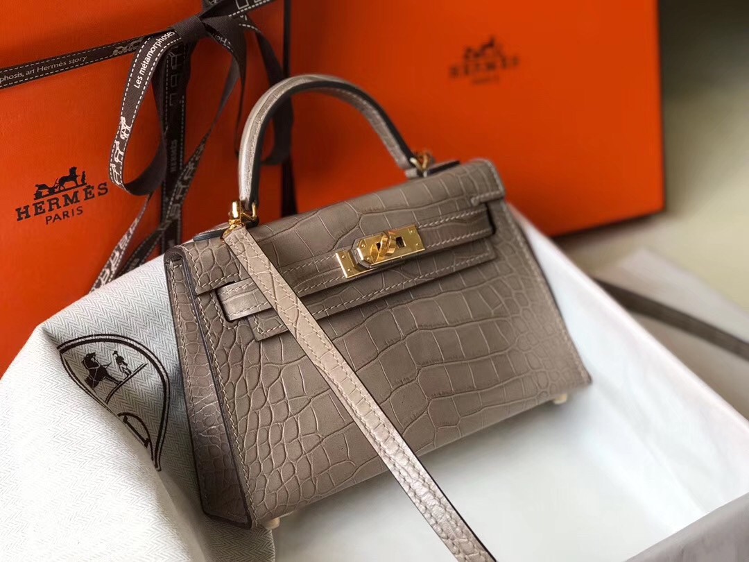 Hermes Kelly Mini II Bag In Grey Crocodile Embossed Leather