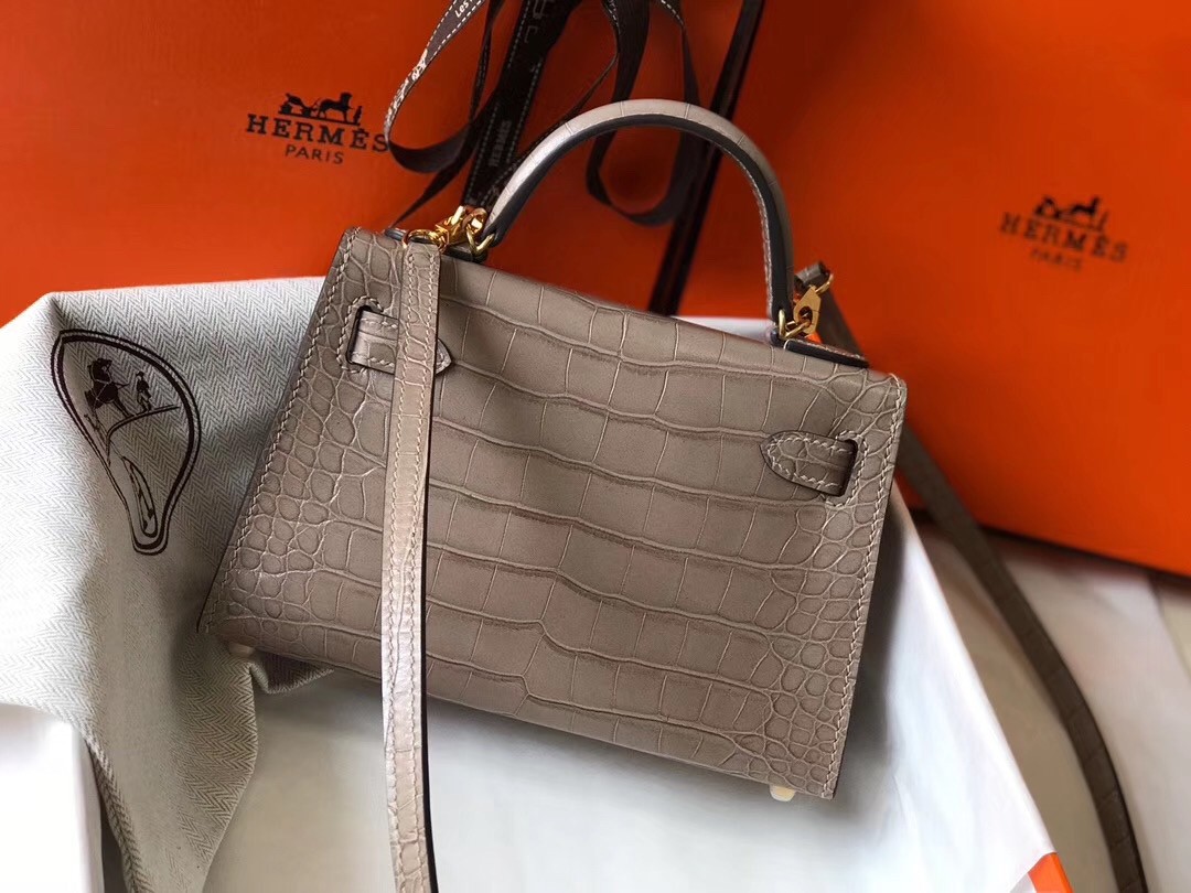 Hermes Kelly Mini II Bag In Grey Crocodile Embossed Leather