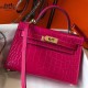 Hermes Kelly Mini II Bag In Rose Red Crocodile Embossed Leather