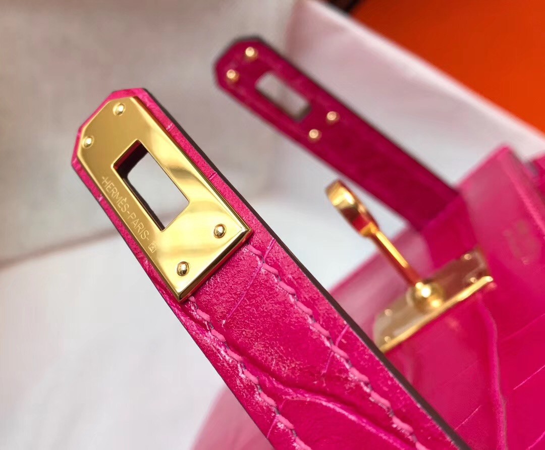 Hermes Kelly Mini II Bag In Rose Red Crocodile Embossed Leather