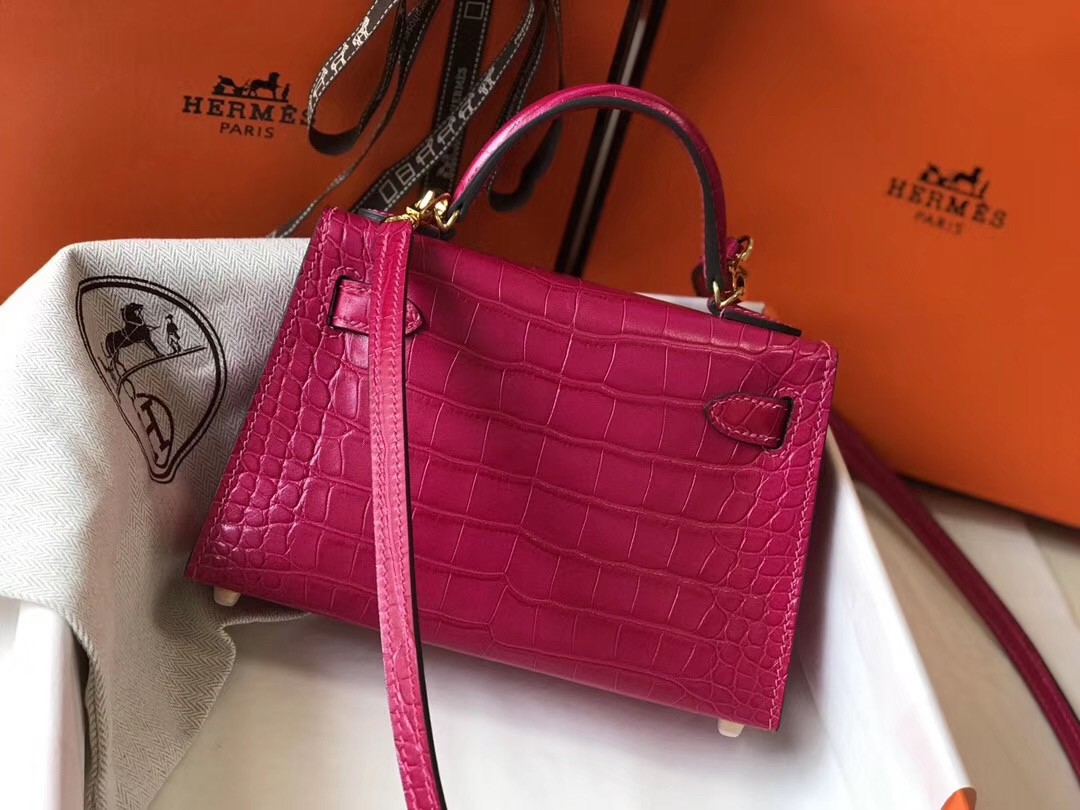 Hermes Kelly Mini II Bag In Rose Red Crocodile Embossed Leather