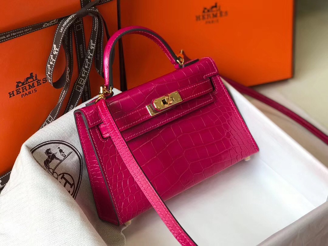 Hermes Kelly Mini II Bag In Rose Red Crocodile Embossed Leather