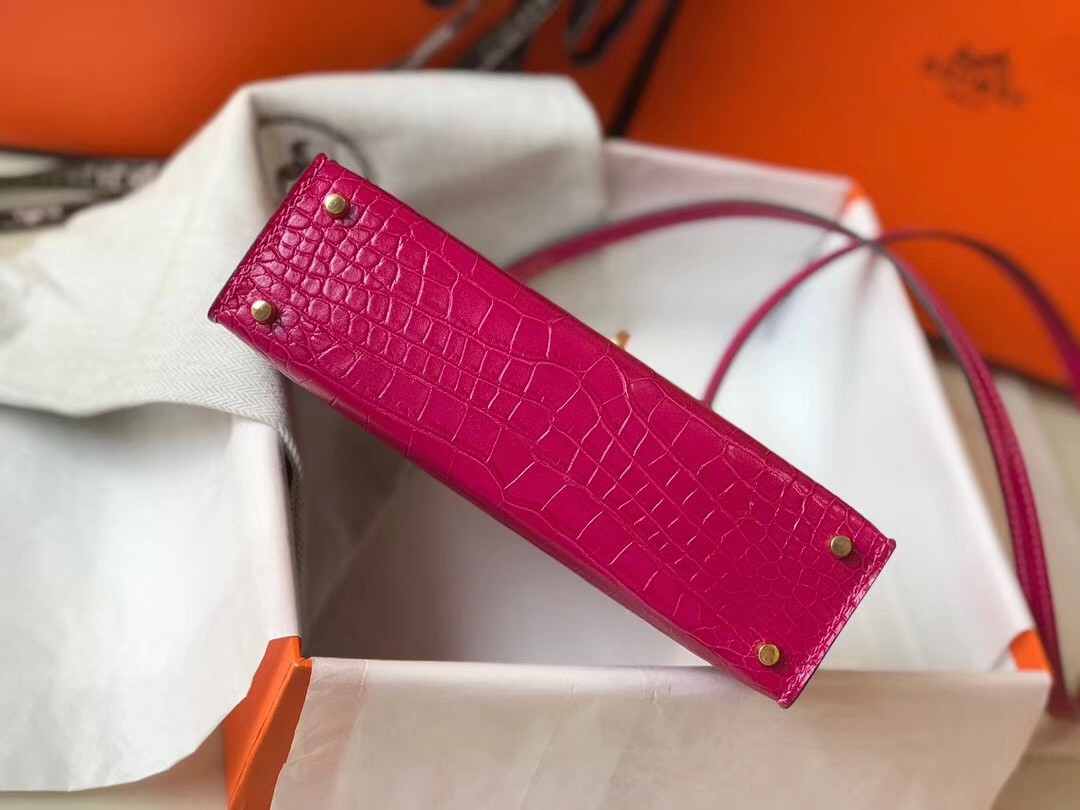 Hermes Kelly Mini II Bag In Rose Red Crocodile Embossed Leather