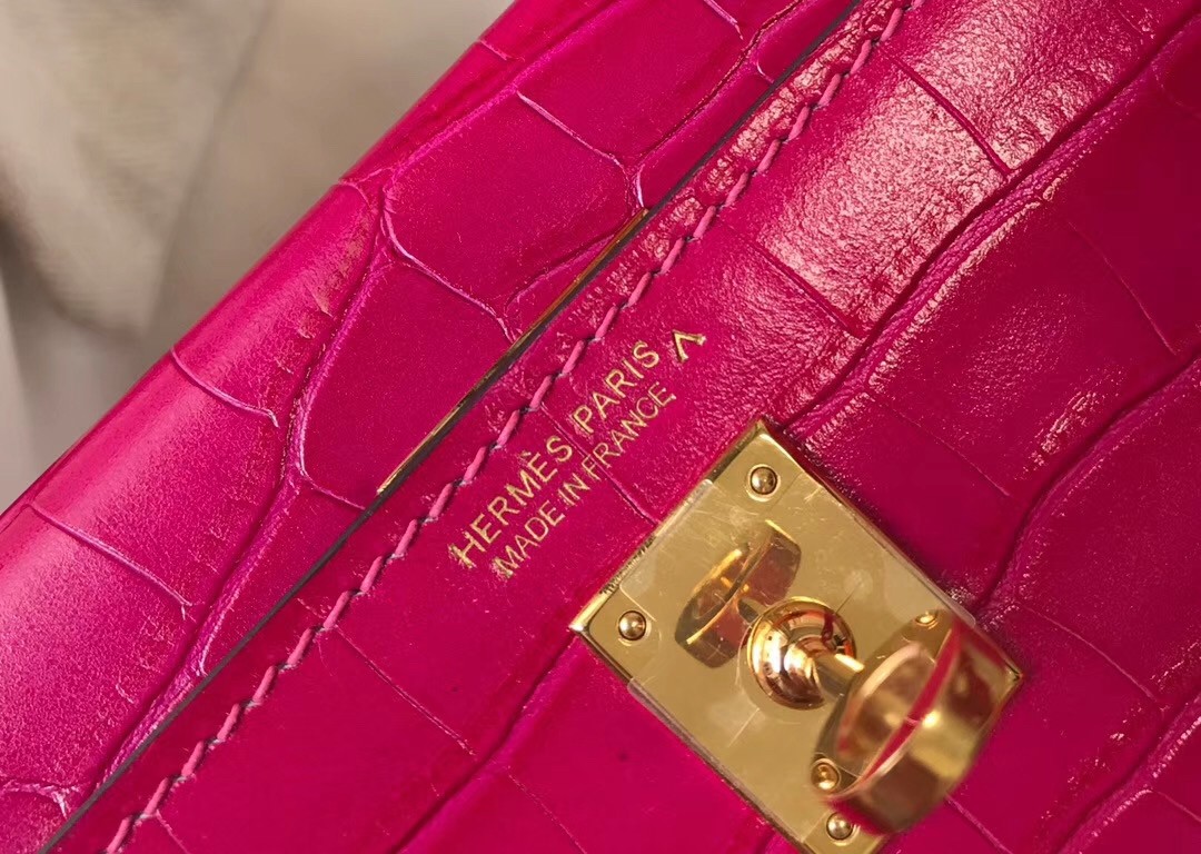 Hermes Kelly Mini II Bag In Rose Red Crocodile Embossed Leather