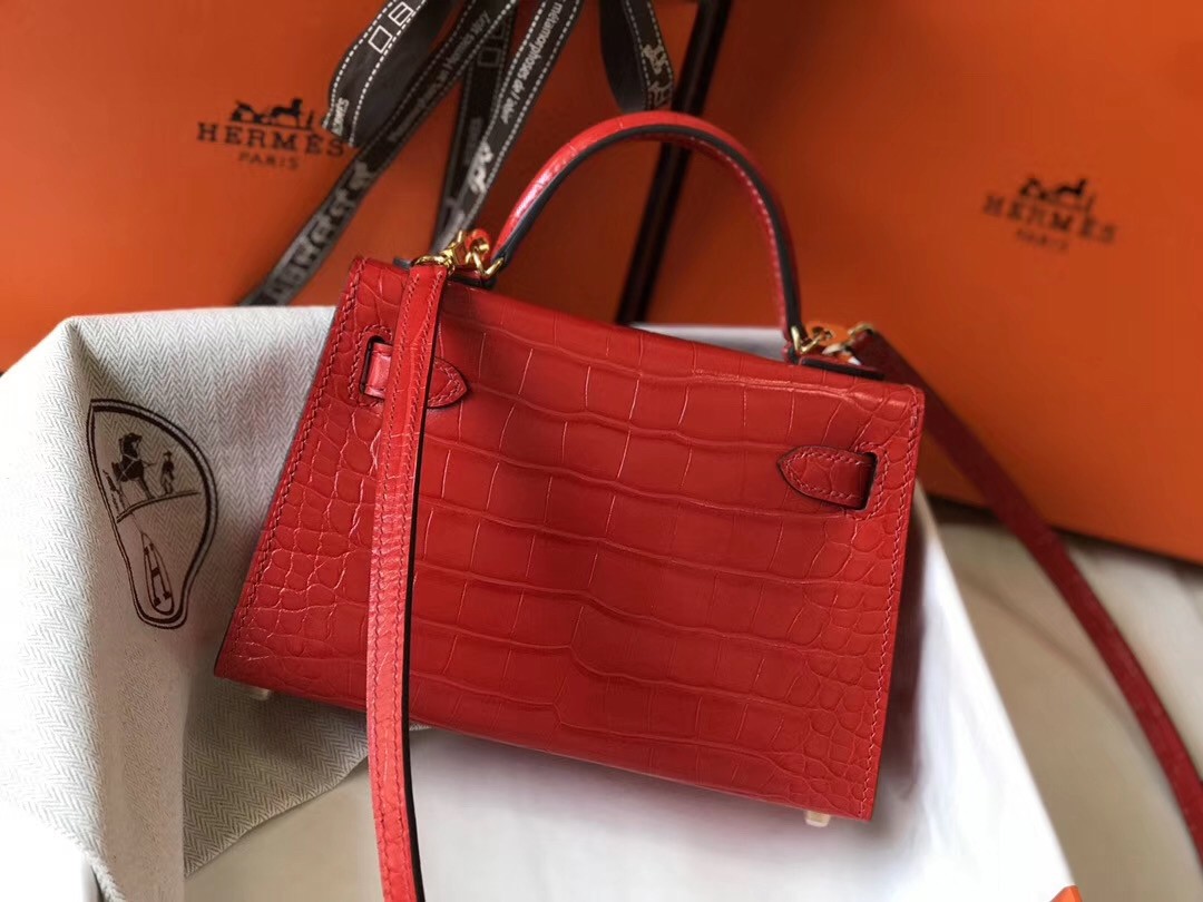 Hermes Kelly Mini II Bag In Red Crocodile Embossed Leather