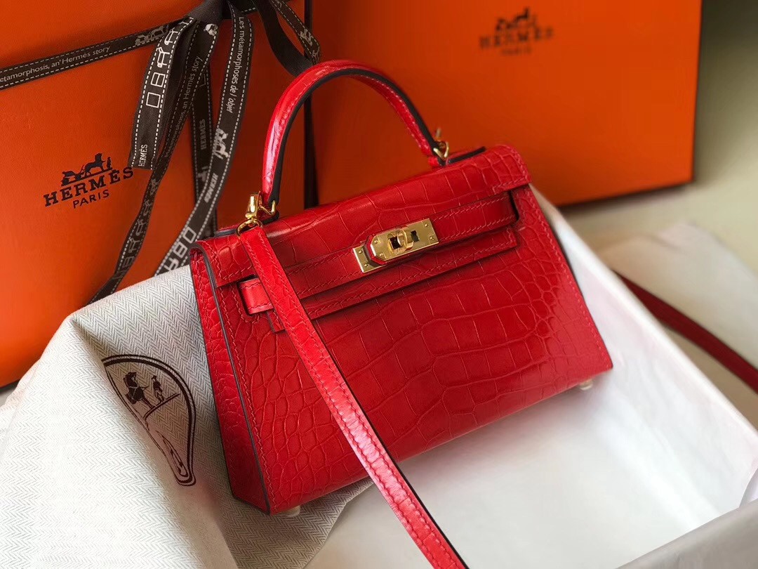 Hermes Kelly Mini II Bag In Red Crocodile Embossed Leather