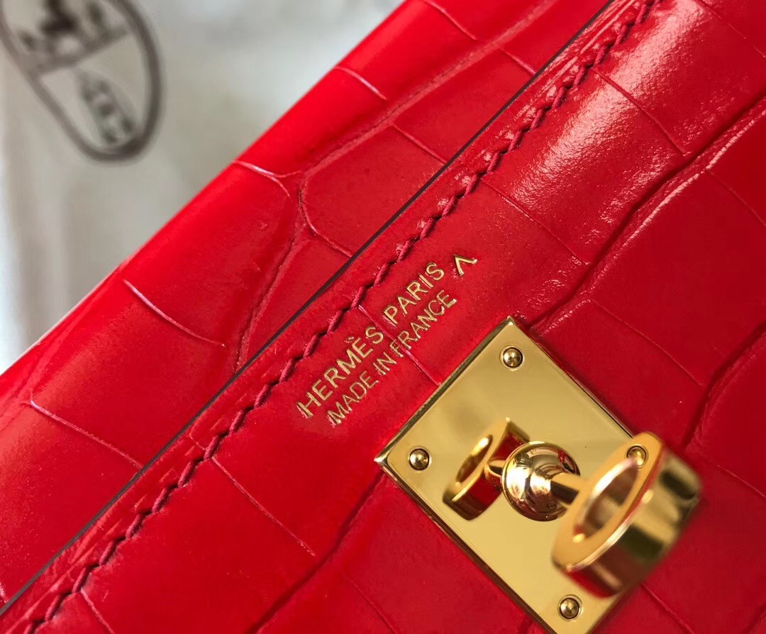 Hermes Kelly Mini II Bag In Red Crocodile Embossed Leather