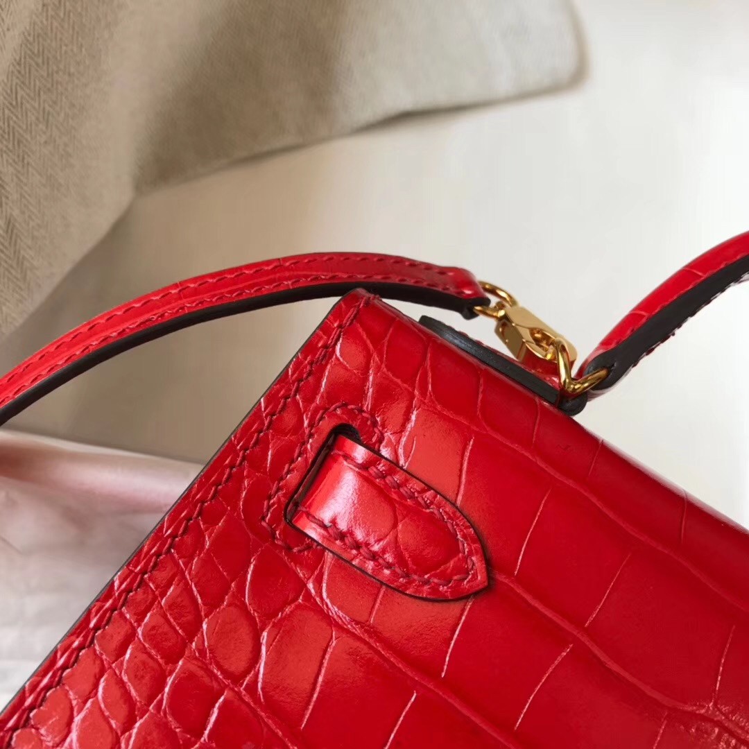 Hermes Kelly Mini II Bag In Red Crocodile Embossed Leather