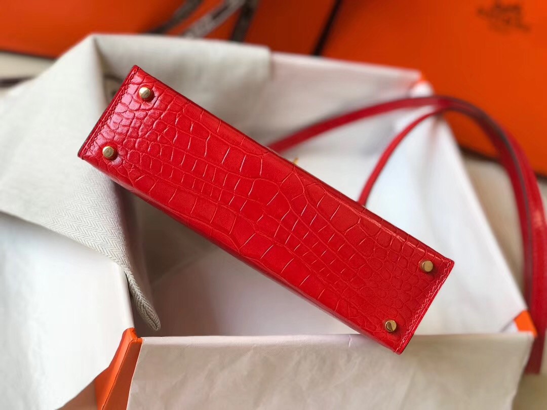 Hermes Kelly Mini II Bag In Red Crocodile Embossed Leather