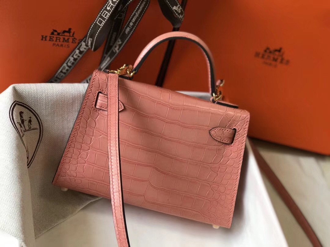 Hermes Kelly Mini II Bag In Pink Crocodile Embossed Leather