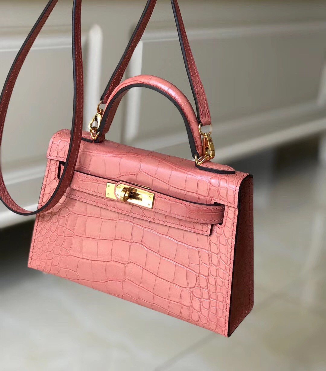 Hermes Kelly Mini II Bag In Pink Crocodile Embossed Leather