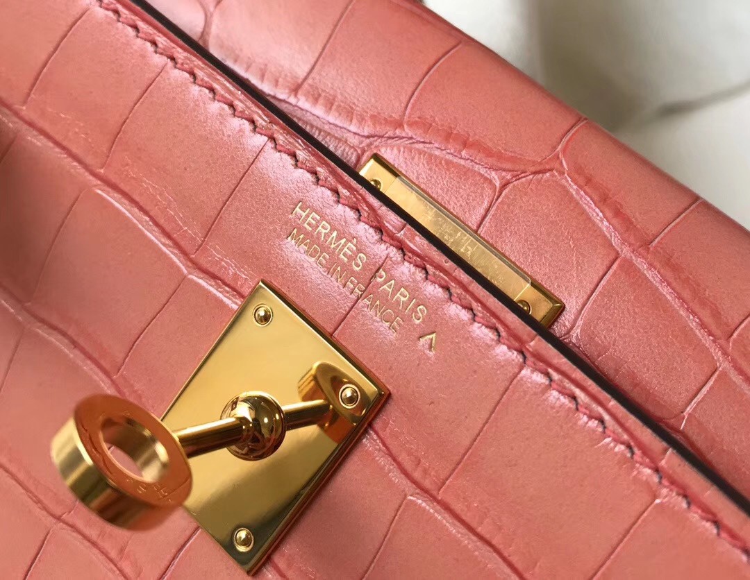 Hermes Kelly Mini II Bag In Pink Crocodile Embossed Leather