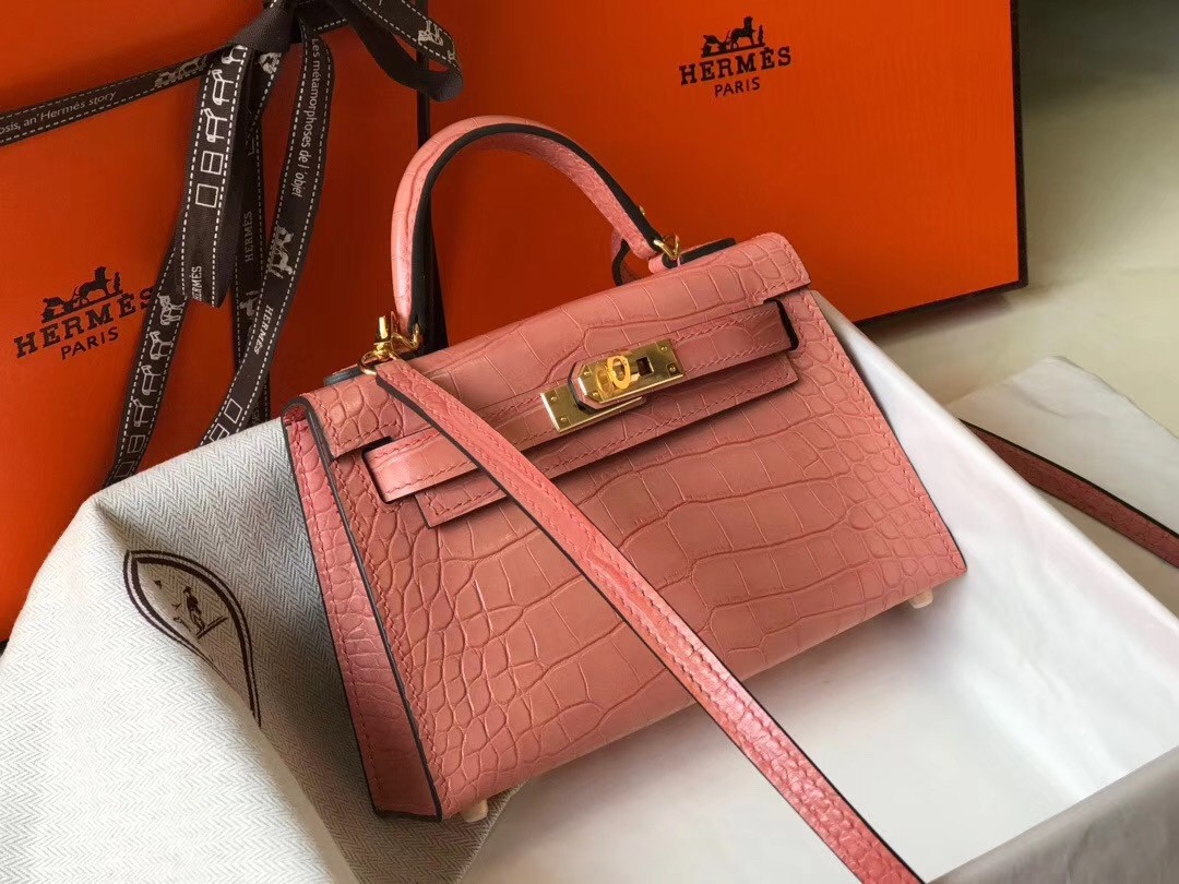 Hermes Kelly Mini II Bag In Pink Crocodile Embossed Leather